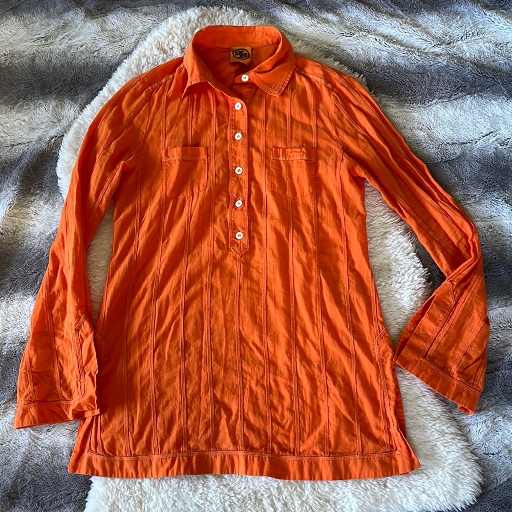 Tory Burch Bright Orange Lightweight Partial Button Up Flare Long Sleeve Top